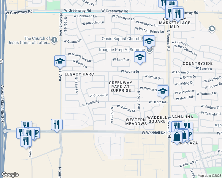 map of restaurants, bars, coffee shops, grocery stores, and more near 14350 North 158th Lane in Surprise
