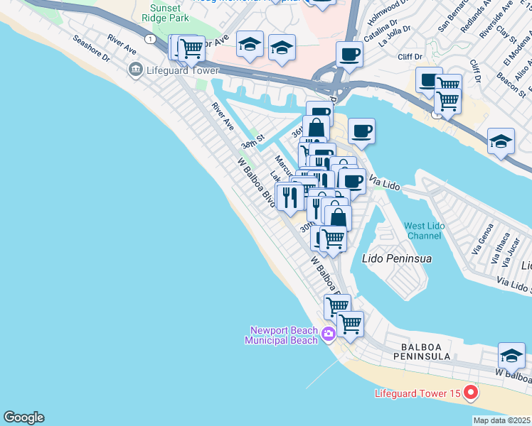 map of restaurants, bars, coffee shops, grocery stores, and more near 203 33rd Street in Newport Beach