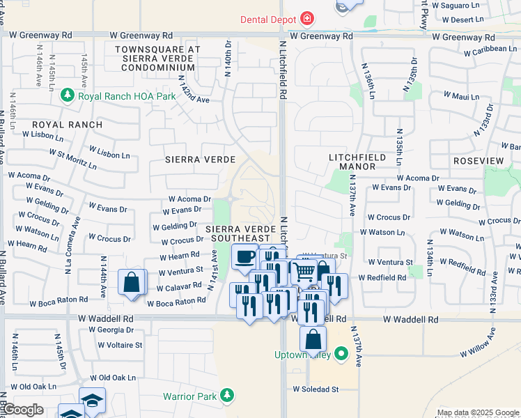 map of restaurants, bars, coffee shops, grocery stores, and more near North Litchfield Road in Surprise
