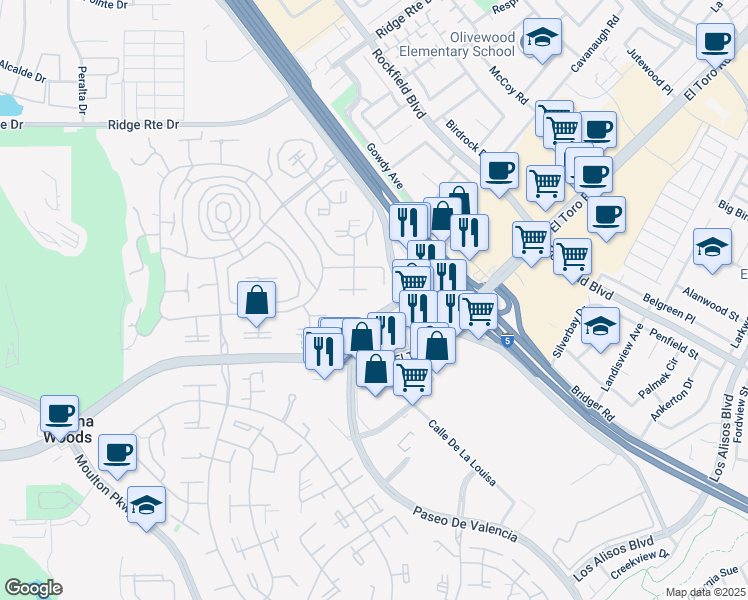 map of restaurants, bars, coffee shops, grocery stores, and more near 2086 Ronda Granada in Laguna Woods
