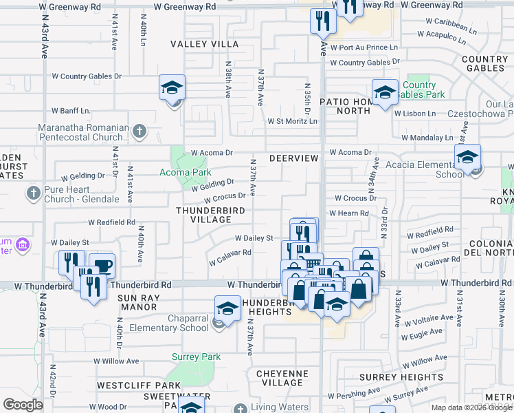 map of restaurants, bars, coffee shops, grocery stores, and more near 3708 West Hearn Road in Phoenix