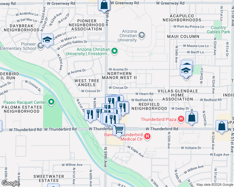 map of restaurants, bars, coffee shops, grocery stores, and more near 5832 West Hearn Road in Glendale