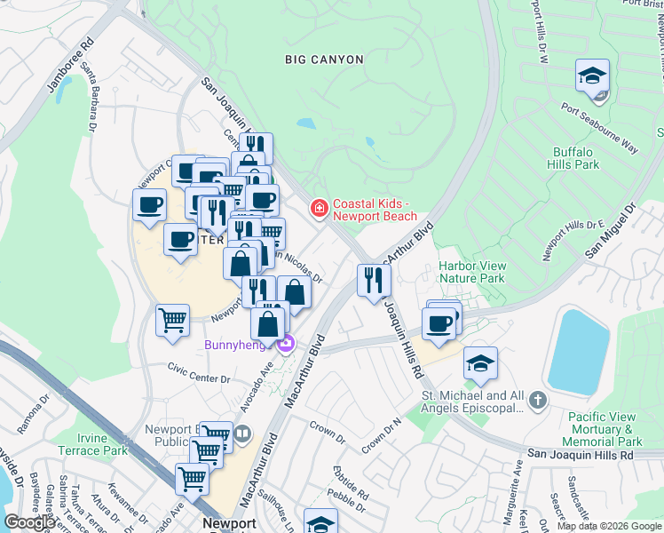 map of restaurants, bars, coffee shops, grocery stores, and more near 1605 Avocado Avenue in Newport Beach