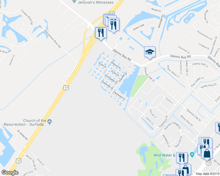 map of restaurants, bars, coffee shops, grocery stores, and more near 2226 Clearwater Drive in Surfside Beach