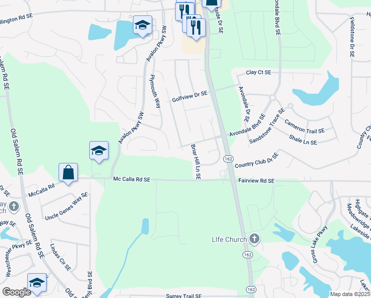 map of restaurants, bars, coffee shops, grocery stores, and more near 2108 Country Walk Way Southeast in Conyers