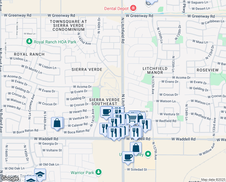map of restaurants, bars, coffee shops, grocery stores, and more near North Litchfield Road in Surprise
