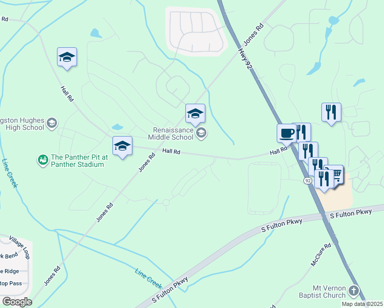 map of restaurants, bars, coffee shops, grocery stores, and more near 7171 Hall Road in Fairburn