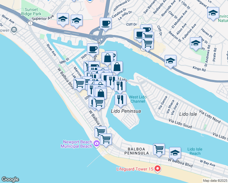 map of restaurants, bars, coffee shops, grocery stores, and more near 621 Lido Park Drive in Newport Beach