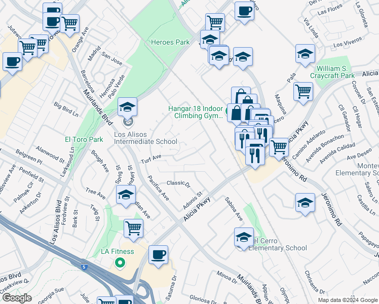 map of restaurants, bars, coffee shops, grocery stores, and more near 23921 Copenhagen Street in Mission Viejo