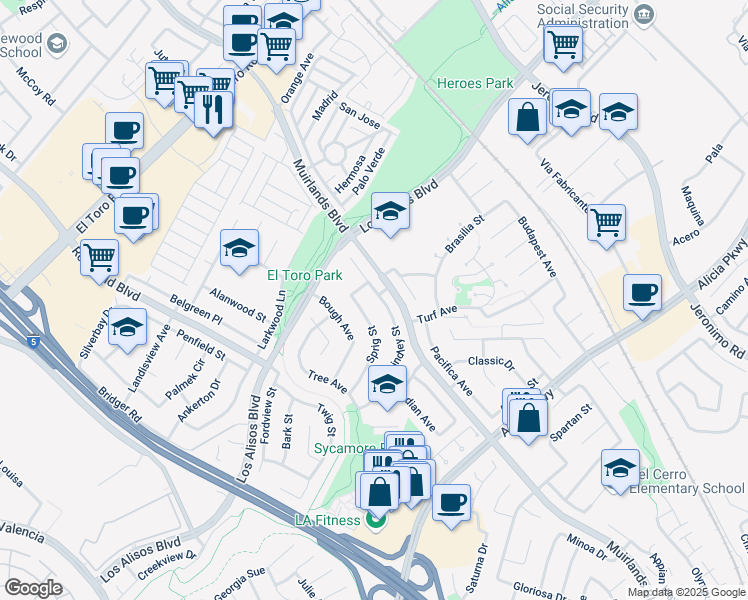 map of restaurants, bars, coffee shops, grocery stores, and more near 23911 Lindley Street in Mission Viejo