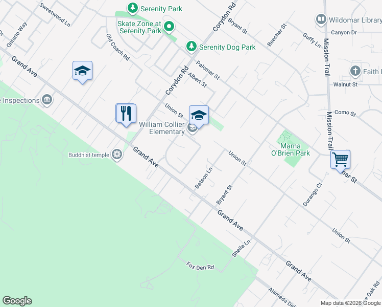 map of restaurants, bars, coffee shops, grocery stores, and more near 32841 Alderbrook Road in Wildomar
