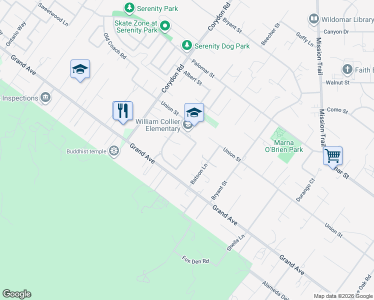 map of restaurants, bars, coffee shops, grocery stores, and more near 32841 Alderbrook Road in Wildomar