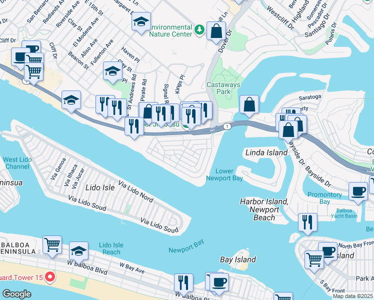 map of restaurants, bars, coffee shops, grocery stores, and more near in Newport Beach