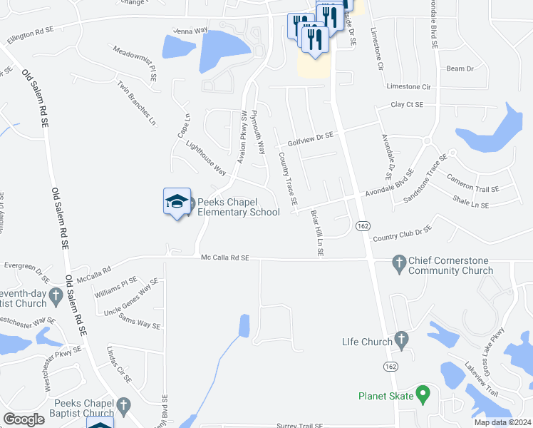 map of restaurants, bars, coffee shops, grocery stores, and more near 3144 Baywood Court in Conyers