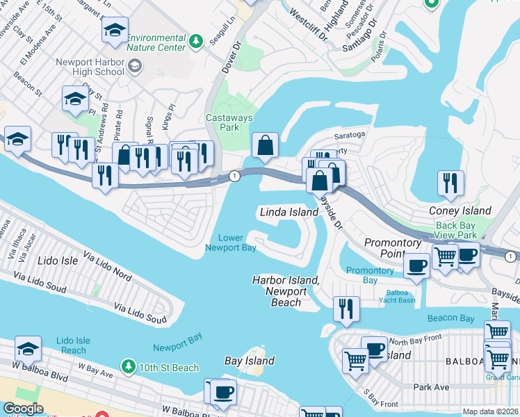 map of restaurants, bars, coffee shops, grocery stores, and more near 88 Linda Isle in Newport Beach