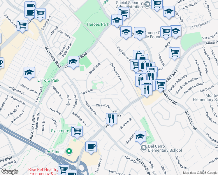 map of restaurants, bars, coffee shops, grocery stores, and more near 23911 Copenhagen Street in Mission Viejo
