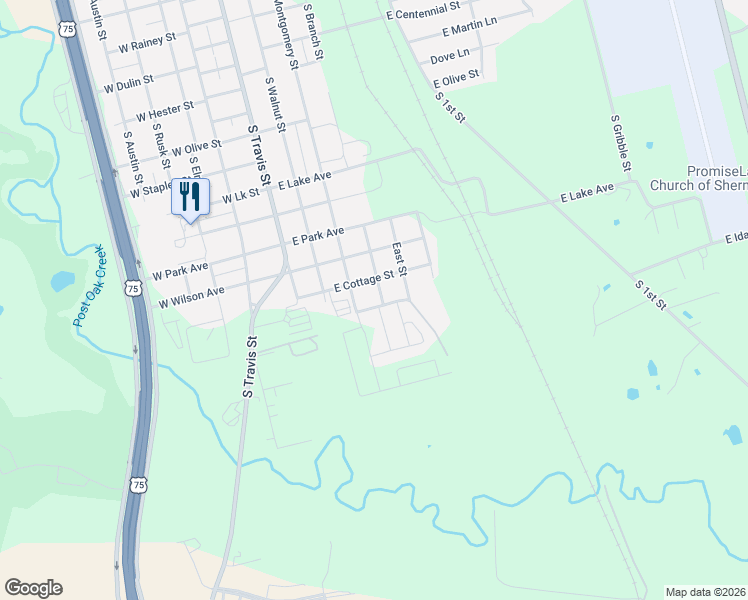 map of restaurants, bars, coffee shops, grocery stores, and more near 2107 South Montgomery Street in Sherman