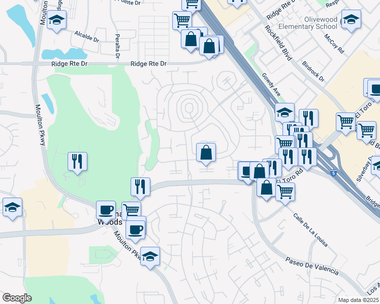 map of restaurants, bars, coffee shops, grocery stores, and more near 2174 Via Mariposa East in Laguna Woods