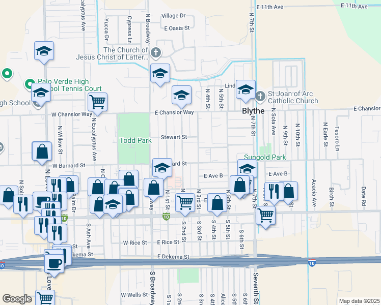 map of restaurants, bars, coffee shops, grocery stores, and more near 325 North 3rd Street in Blythe