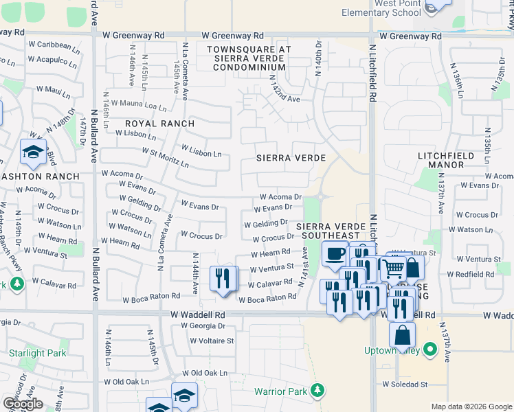 map of restaurants, bars, coffee shops, grocery stores, and more near 14232 W Evans Dr in Surprise