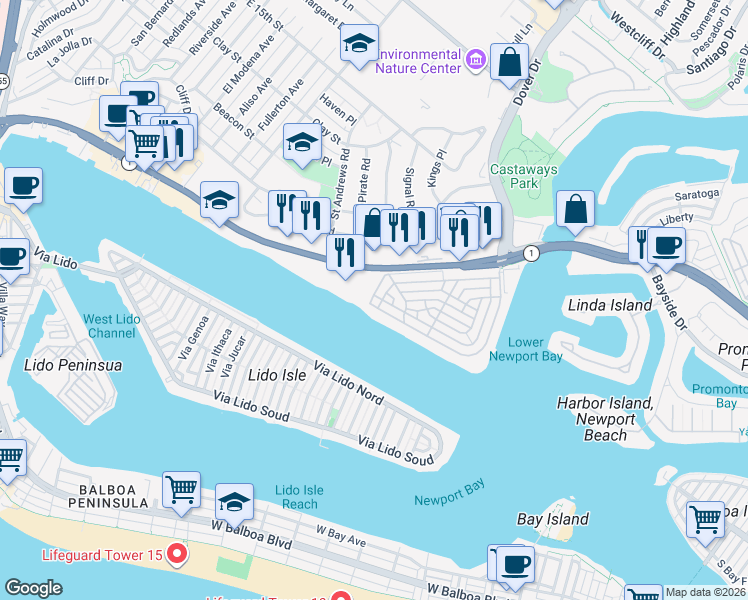map of restaurants, bars, coffee shops, grocery stores, and more near 2401 Bayshore Drive in Newport Beach