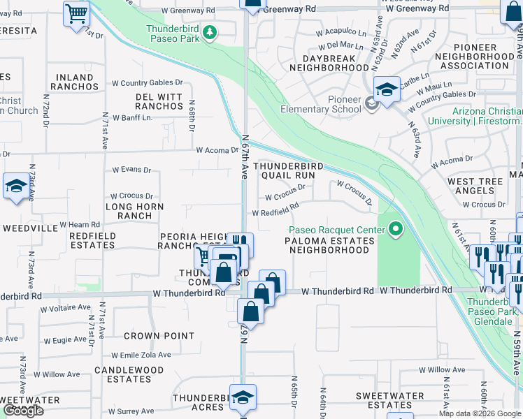 map of restaurants, bars, coffee shops, grocery stores, and more near 6620 West Redfield Road in Glendale