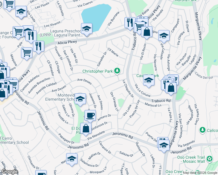 map of restaurants, bars, coffee shops, grocery stores, and more near 26742 Carlota Drive in Mission Viejo