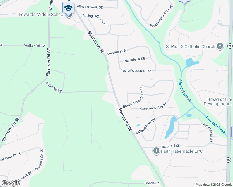 map of restaurants, bars, coffee shops, grocery stores, and more near 2802 Stanton Road Southeast in Conyers