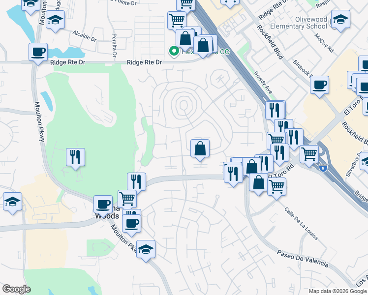 map of restaurants, bars, coffee shops, grocery stores, and more near 2174 Via Mariposa East in Laguna Woods