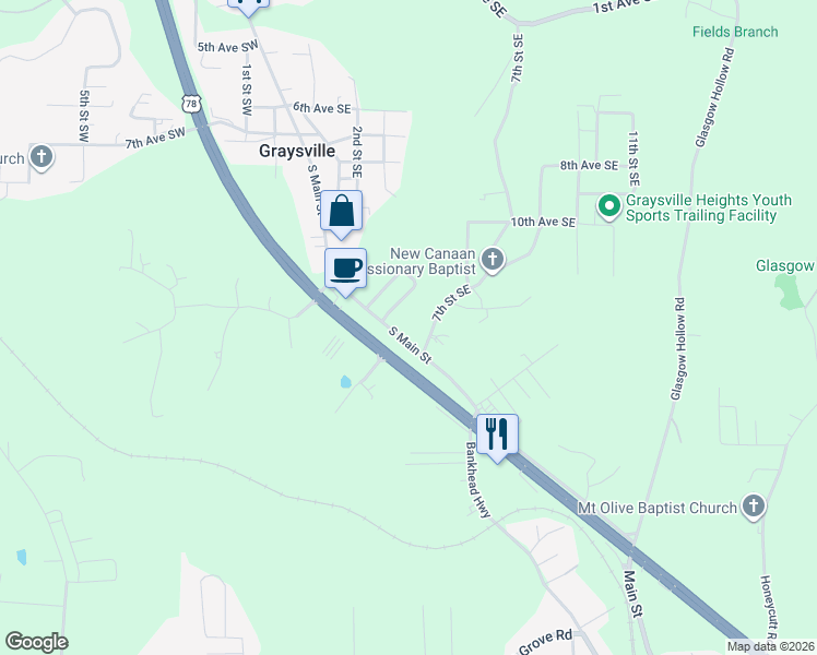 map of restaurants, bars, coffee shops, grocery stores, and more near 1241 South Main Street in Graysville