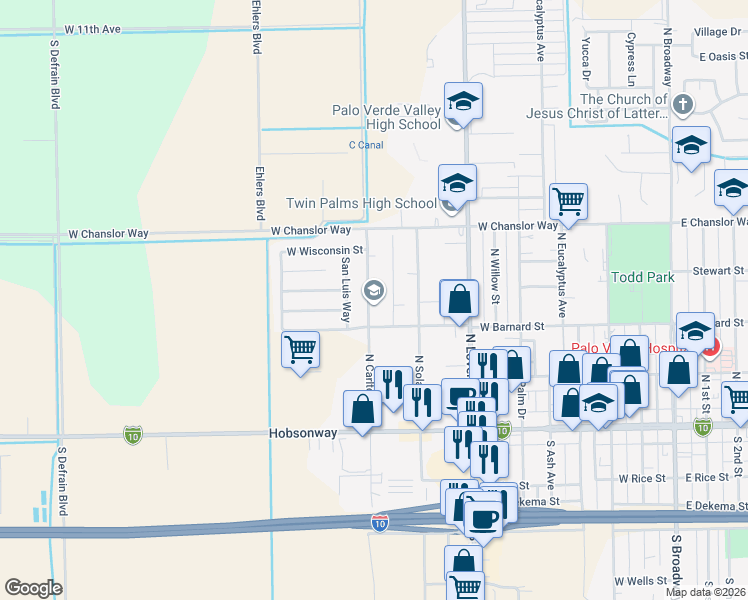 map of restaurants, bars, coffee shops, grocery stores, and more near 318 North Carlton Avenue in Blythe