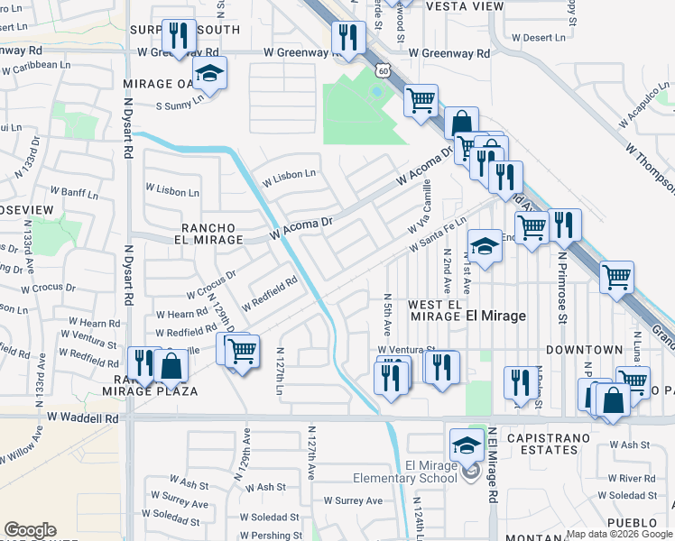map of restaurants, bars, coffee shops, grocery stores, and more near 14502 North 125th Lane in El Mirage