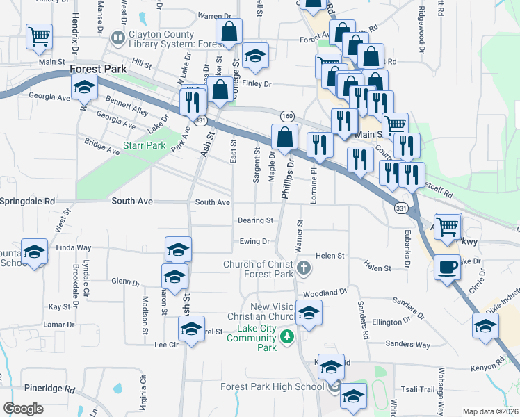 map of restaurants, bars, coffee shops, grocery stores, and more near 975 South Avenue in Forest Park