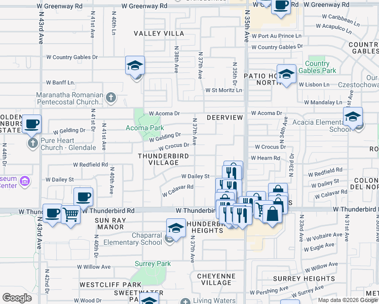 map of restaurants, bars, coffee shops, grocery stores, and more near 3708 West Hearn Road in Phoenix