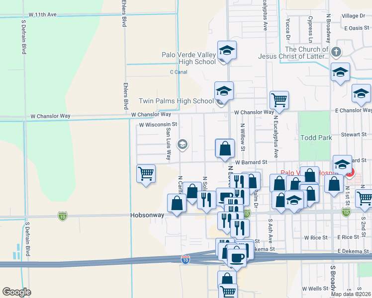 map of restaurants, bars, coffee shops, grocery stores, and more near 318 North Carlton Avenue in Blythe