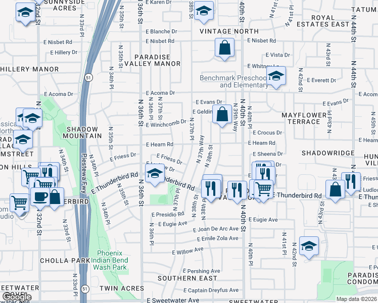 map of restaurants, bars, coffee shops, grocery stores, and more near 14024 North 37th Place in Phoenix