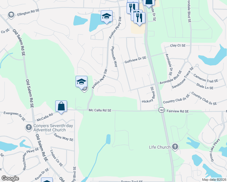 map of restaurants, bars, coffee shops, grocery stores, and more near 3142 Baywood Court in Conyers