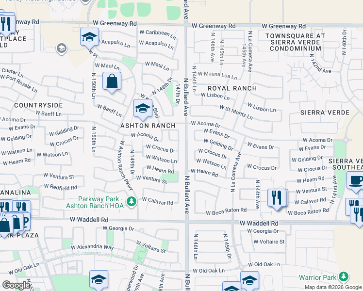 map of restaurants, bars, coffee shops, grocery stores, and more near 14455 North 147th Drive in Surprise