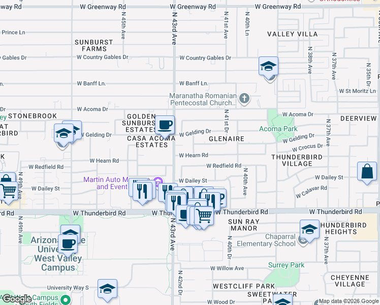 map of restaurants, bars, coffee shops, grocery stores, and more near 4228 West Hearn Road in Phoenix