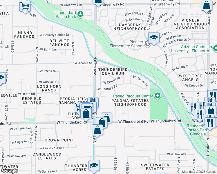 map of restaurants, bars, coffee shops, grocery stores, and more near 6502 West Redfield Road in Glendale