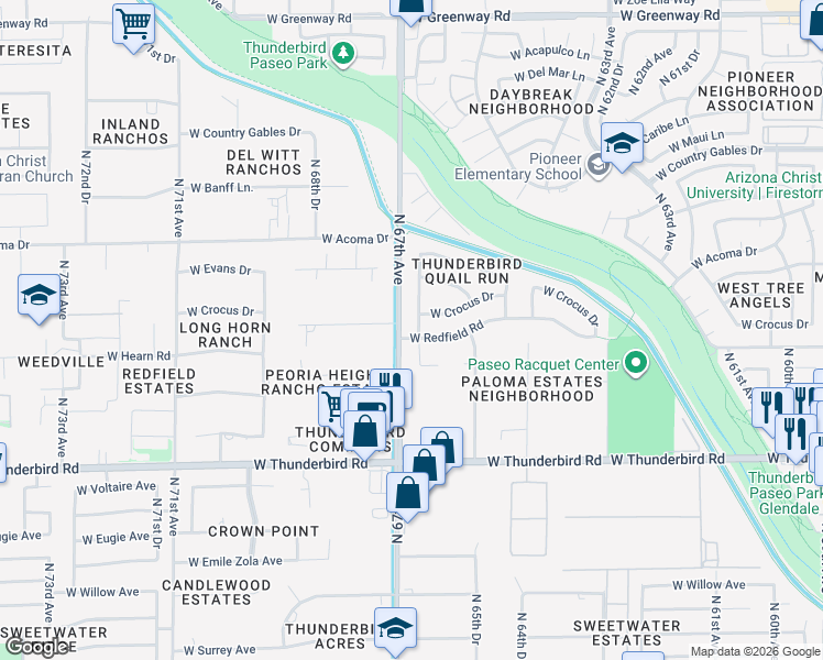 map of restaurants, bars, coffee shops, grocery stores, and more near 6620 West Redfield Road in Glendale