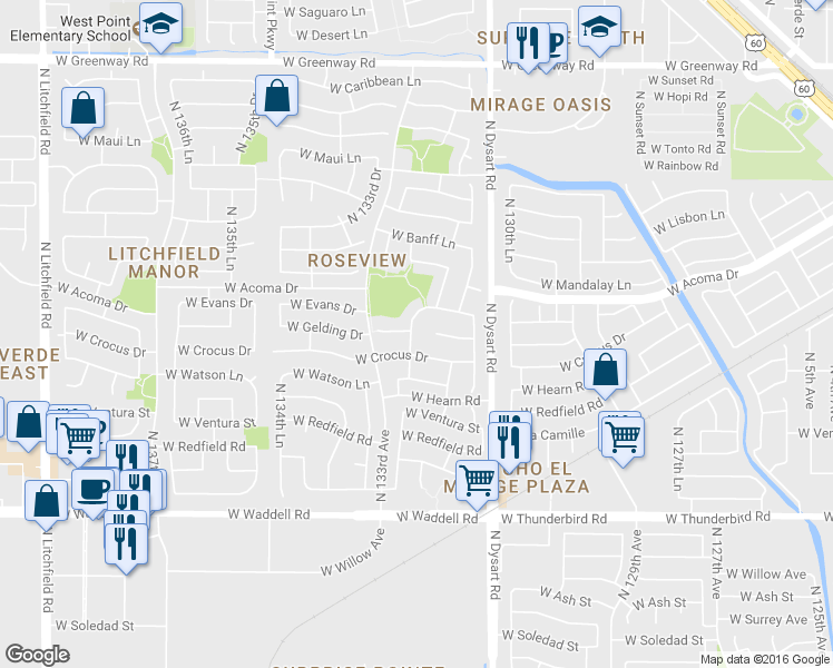 map of restaurants, bars, coffee shops, grocery stores, and more near 14451 North 132nd Drive in Surprise