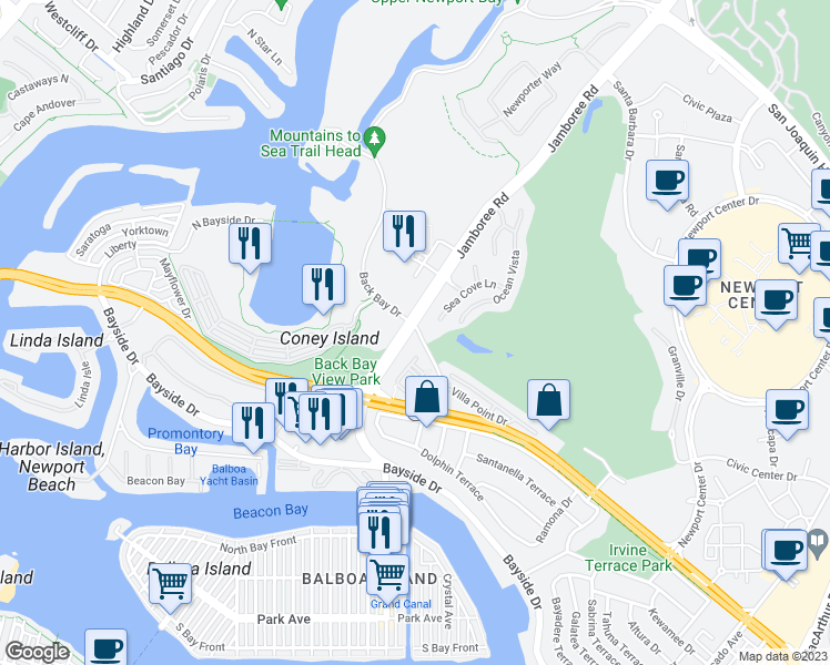 map of restaurants, bars, coffee shops, grocery stores, and more near 2 Sea Cove Lane in Newport Beach