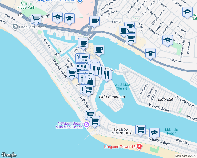 map of restaurants, bars, coffee shops, grocery stores, and more near 502 31st Street in Newport Beach