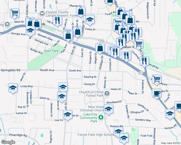 map of restaurants, bars, coffee shops, grocery stores, and more near 925 South Avenue in Forest Park