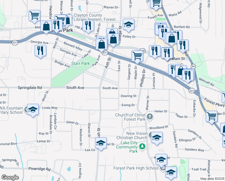 map of restaurants, bars, coffee shops, grocery stores, and more near 883 South Avenue in Forest Park