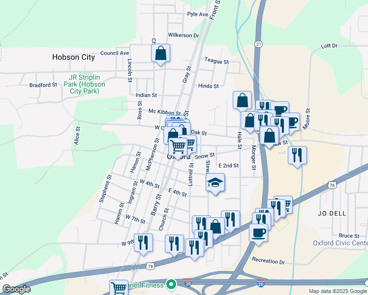 map of restaurants, bars, coffee shops, grocery stores, and more near 17 Choccolocco Street in Oxford