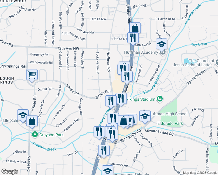 map of restaurants, bars, coffee shops, grocery stores, and more near 1208 Huffman Road in Center Point