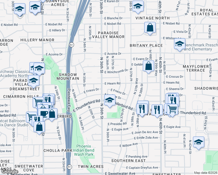 map of restaurants, bars, coffee shops, grocery stores, and more near 3614 E Friess Dr in Phoenix