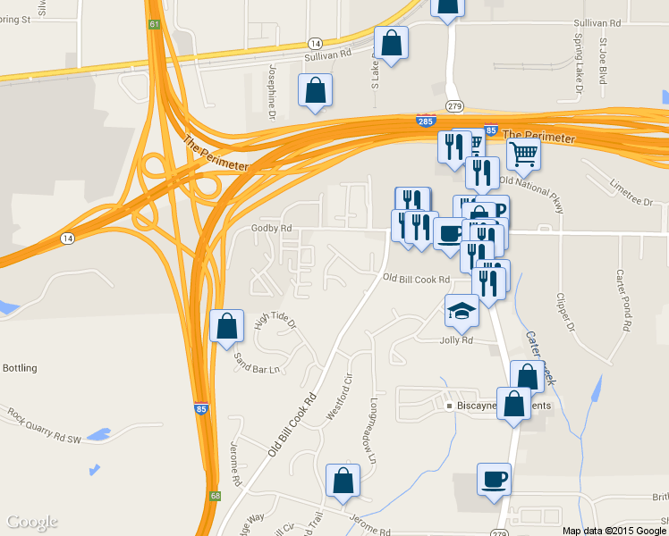 map of restaurants, bars, coffee shops, grocery stores, and more near 5182 Seaside Court in College Park